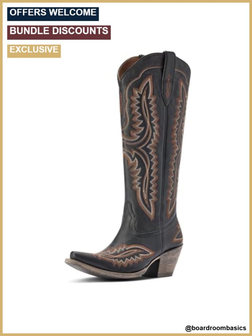 Full-Grain Leather Western Cowboy Boots Knee-High Block Heel